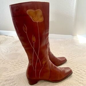 PIKOLINOS Unique Art Boots Floral Design Embroidery Leather Square Toe Mini Heel